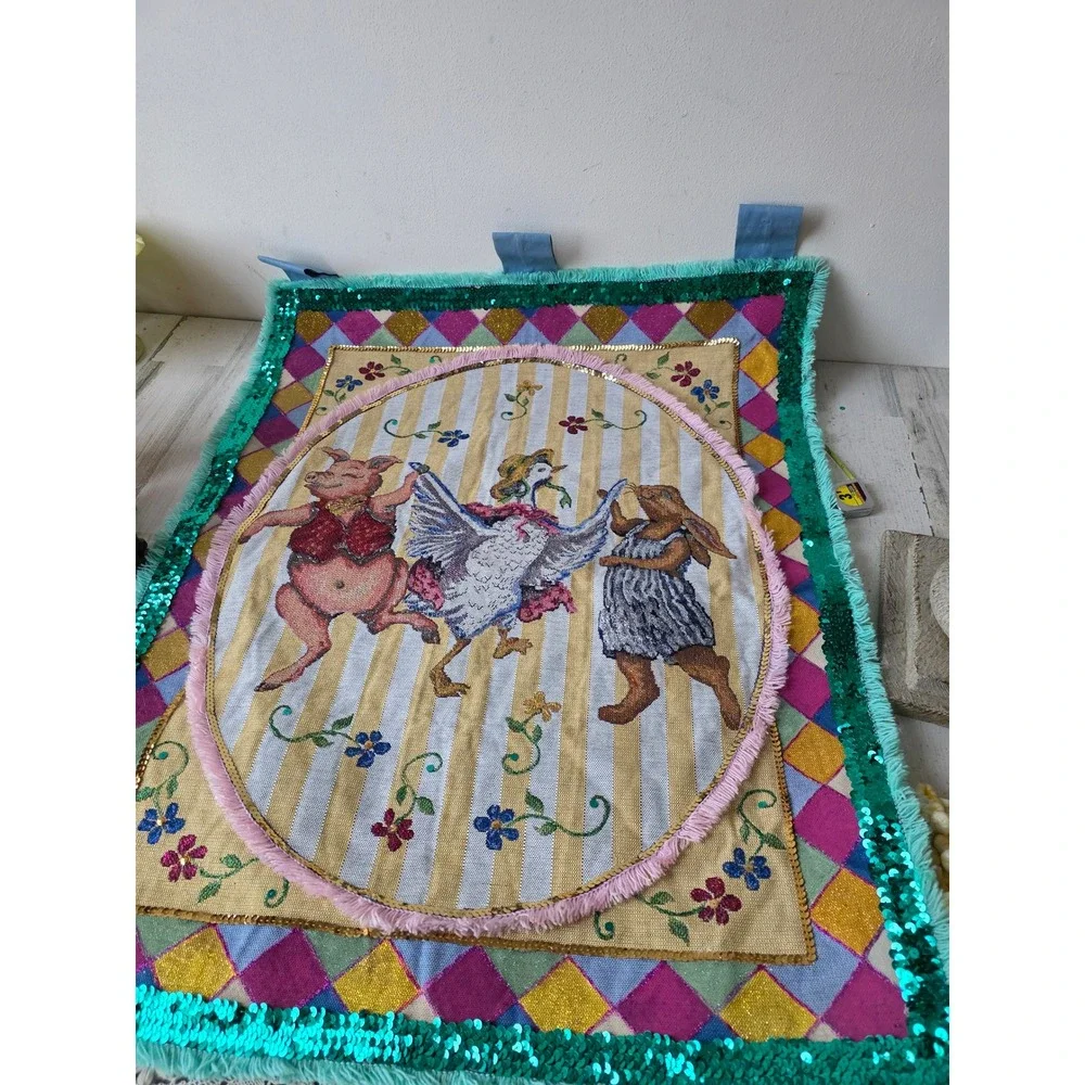 Goodwin weaves Tracy Porter bunny goose pig RARE tapestry‎ hanging sequin unique